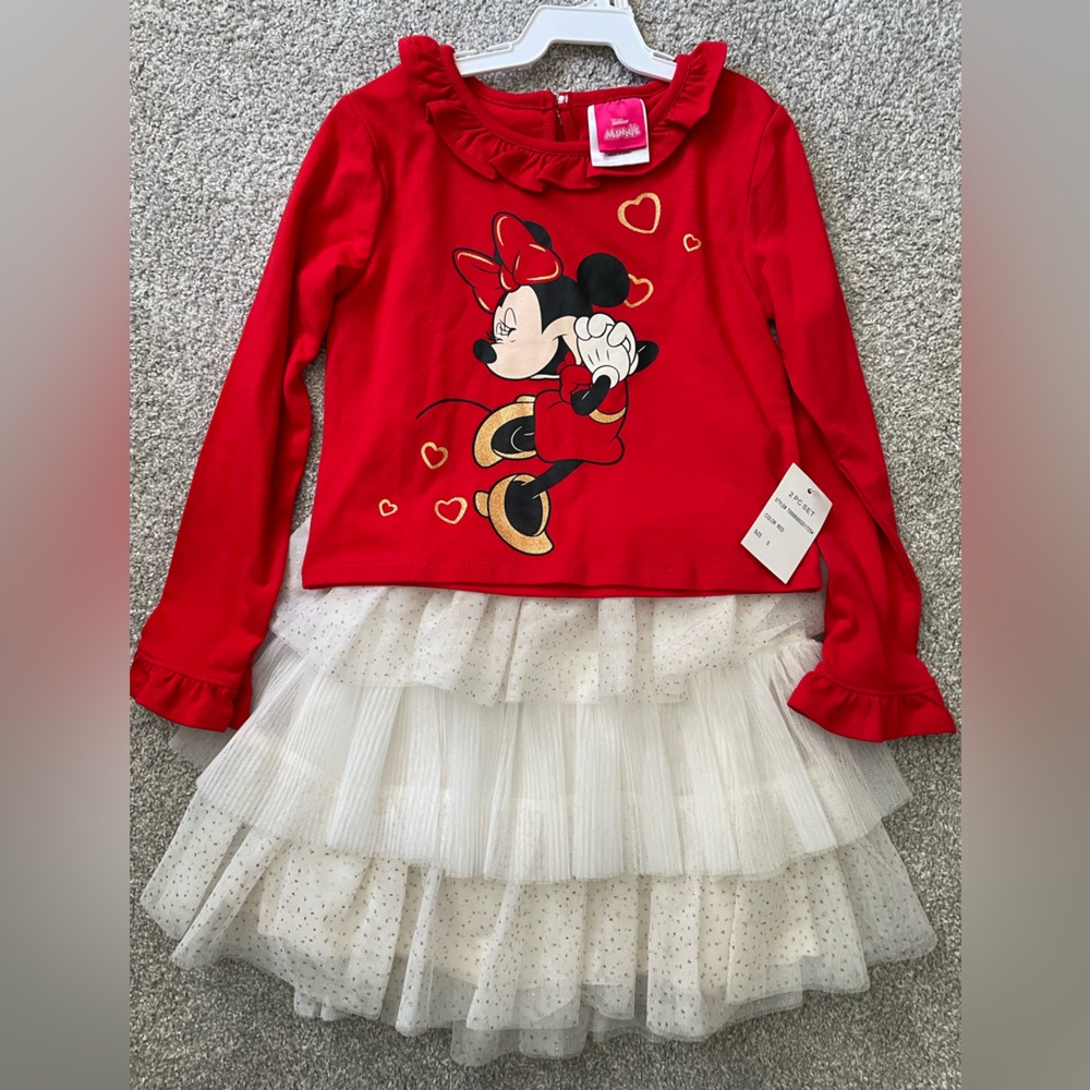 Red Minnie Mouse Long Sleeve Top with White Tulle Skirt 2 Piece Set. New. Size 5